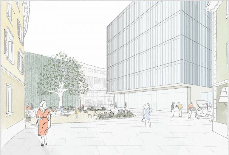Entwurfsidee sieht einen Innenhof samt Biergarten vor, der von öffentlichen Nutzungszonen und der Verwaltung umschlossen wird. <span class="copyright">Baumschlager Hutter Partners</span>