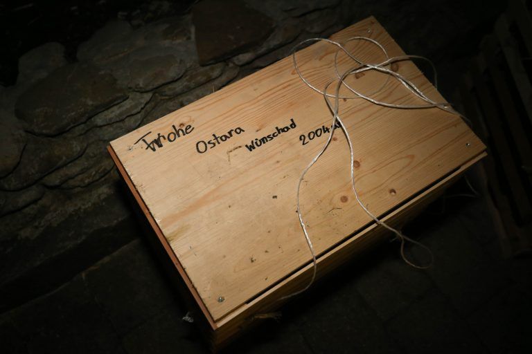 Diese Kiste mit der Aufschrift oben und dem Hahn drinnen finden die 18-jährigen Mädchen am Ostersonntag am Dach ihres Hauses. <span class="copyright">Hartinger</span>