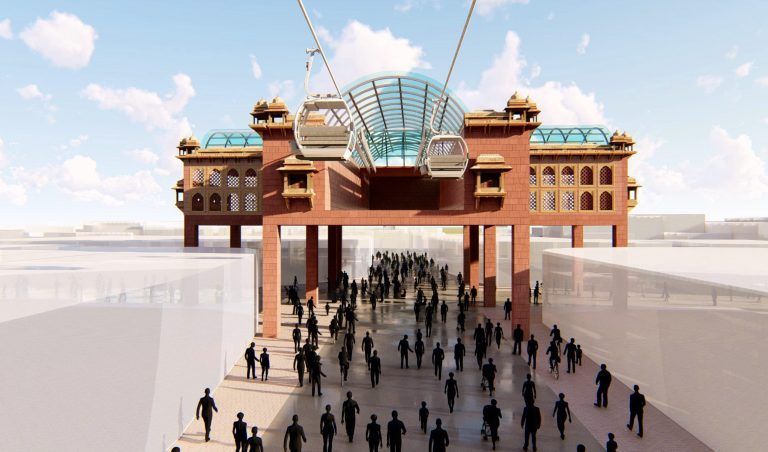 Die geplante Stadtseilbahn soll 2025 in Betrieb gehen und 3000 Pilger pro Stunde zu einem Tempel bringen. <span style="color: rgba(111, 111, 111, var(--tw-text-opacity)); font-size: 0.75rem; text-transform: uppercase;">Bernard India</span>