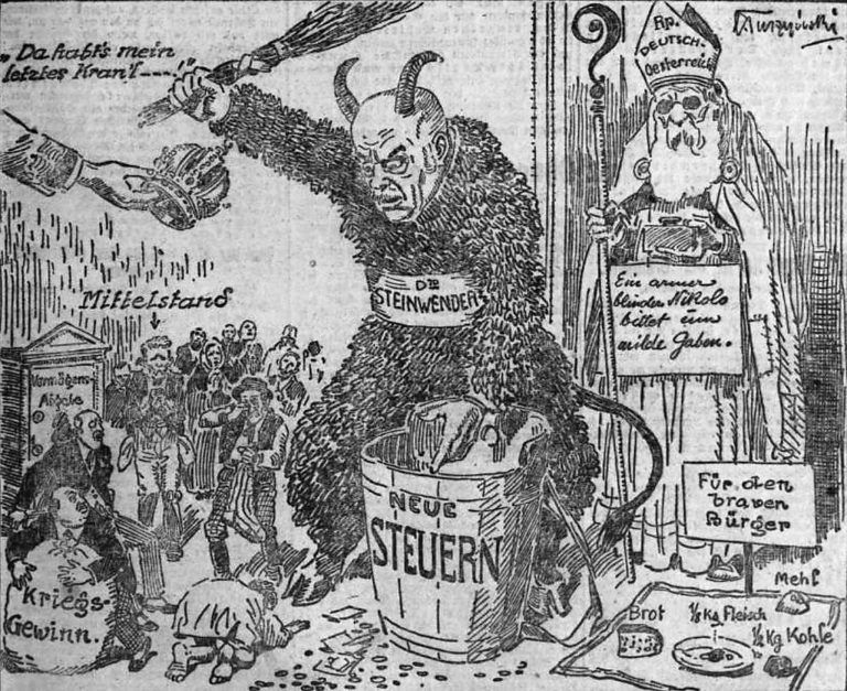 1918 fürchtet man sich zu Weihnachten vor den neuen Steuern des Finanzministers, der hier als Krampus dargestellt wird. <span class="copyright">anno</span>