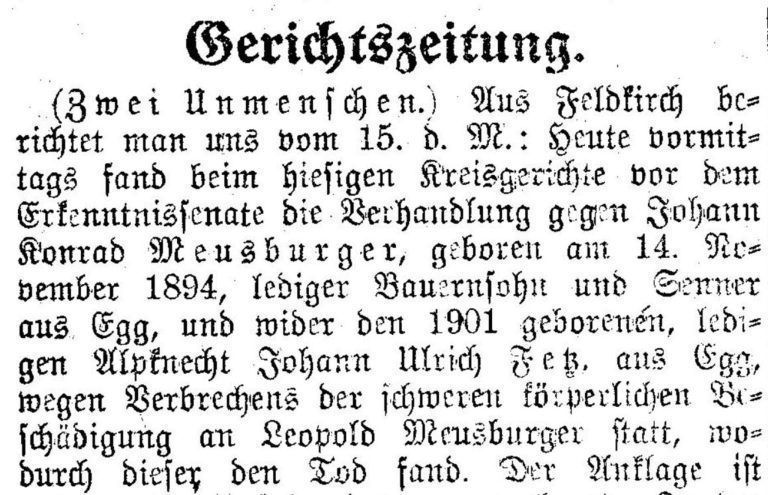 Der Tod des zehnjährigen Hirtenbuben aus Egg ruft ein großes mediales Echo hervor. Die Grausamkeit der beiden Täter wird mit harten Worten angeprangert. Sie erhalten dennoch verhältnismäßig milde Strafen.<br><span class="copyright">Innsbrucker Nachrichten/anno</span>