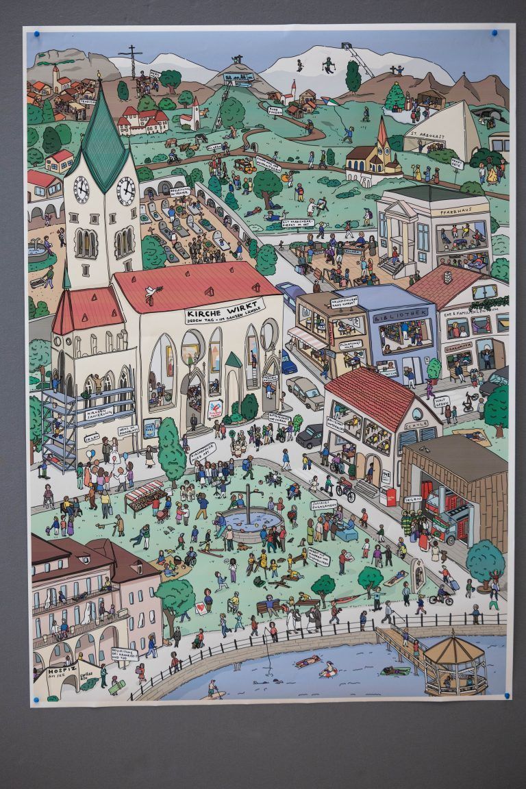 Auf dem Wimmelbild kann der Betrachter die Leistungen der Kirche suchen und finden. <span class="copyright">Klaus Hartinger</span>