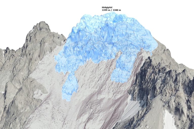 Eine Darstellung des Fluchthorns in der Tiroler Silvretta. Der blaue Teil ist abgebrochen.<span class="copyright"> </span><span style="background-color: rgba(111, 111, 111, 0.2); color: rgba(111, 111, 111, var(--tw-text-opacity)); font-size: 0.75rem; text-transform: uppercase;"><span class="copyright"> Apa/Land Tirol</span></span>