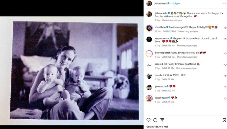 US-Schauspielerin Julia Roberts hat zum 19. Geburtstag ihrer Zwillinge Phinnaeus und Hazel ein seltenes Foto der beiden veröffentlicht. „Es gibt keine Worte für die Freude, den Spaß, den wilden Rummel des gemeinsamen Lebens“, schrieb sie zu einem Schwarz-Weiß-Foto, das ihren inzwischen fast erwachsenen Nachwuchs in Kindertagen zeigt.