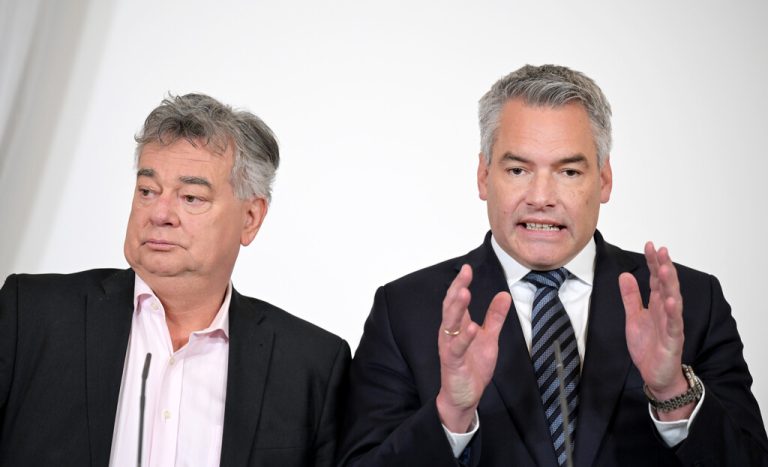 Vizekanzler Werner Kogler (Grüne, l.) und Bundeskanzler Karl Nehammer (ÖVP, r.)<span class="copyright">APA/ROLAND SCHLAGER</span>