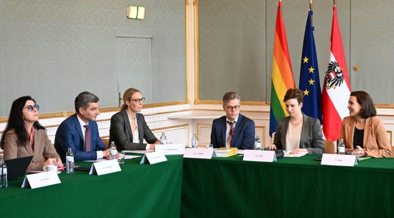 Runder Tisch im Justizministerium: Präsident der Finanzprokuratur Wolfgang Peschorn (2.v.l.) und Justizministerin Alma Zadic (Grüne) sowie Vertreter von AK, WKÖ, ÖGB, Finanzprokuratur, KSW und Gläubigerschutzverbänden <span class="copyright">APA/Helmut Fohringer</span>