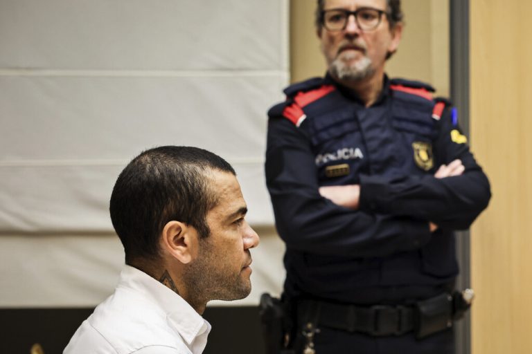 Brazilian soccer star Dani Alves sits during his trial in Barcelona, Spain, Monday, Feb. 5, 2024. Dani Alves goes on trial Monday a year after he allegedly sexually assaulted a young woman at a Barcelona nightclub. The 40-year-old Alves is accused of sexually assaulting the woman on the night of Dec. 30, 2022. He denies any wrongdoing. <span class="copyright">Jordi Borras/Pool Photo via AP</span>