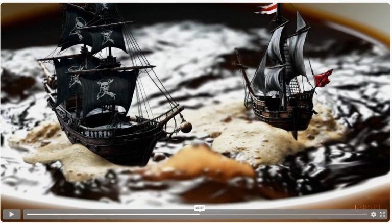 Text zum Video: „Photorealistic closeup video of two pirate ships battling each other as they sail inside a cup of coffee“ <span class="copyright">OpenAi/ Sora</span>