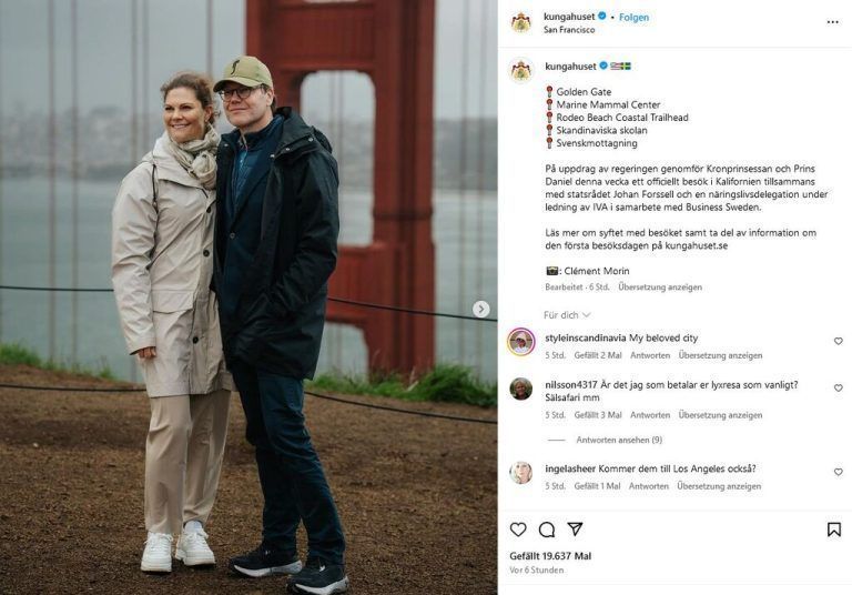 Kronprinzessin Victoria und Prinz Daniel sind derzeit zu Besuch in Kalifornien. Das Ehepaar weilt noch bis 22. Februar in den USA, sie sehen sich unter anderem San Francisco und Sacramento an. Zusammen mit dem Staatsrat Johan Forssell und einer Geschäftsdelegation besuchen sie ein Zentrum für Meeres-Säugetiere sowie eine skandinavische Schule. Auch das Sightseeing darf nicht zu kurz kommen, die beiden ließen sich vor der Golden Gate Bridge ablichten.
