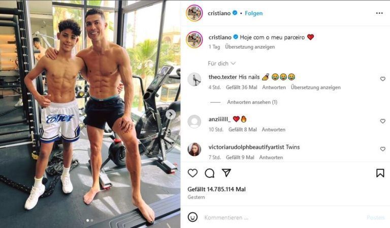Das liegt wohl in den Genen: Superstar Cristiano Ronaldo (39) und sein Sohn Sohn Cristiano Ronaldo Jr. (13) posten stolz Fotos aus dem Kraftraum. Und da zeigt sich: Auch die Muskeln des Juniors können sich schon sehen lassen. Wow!
