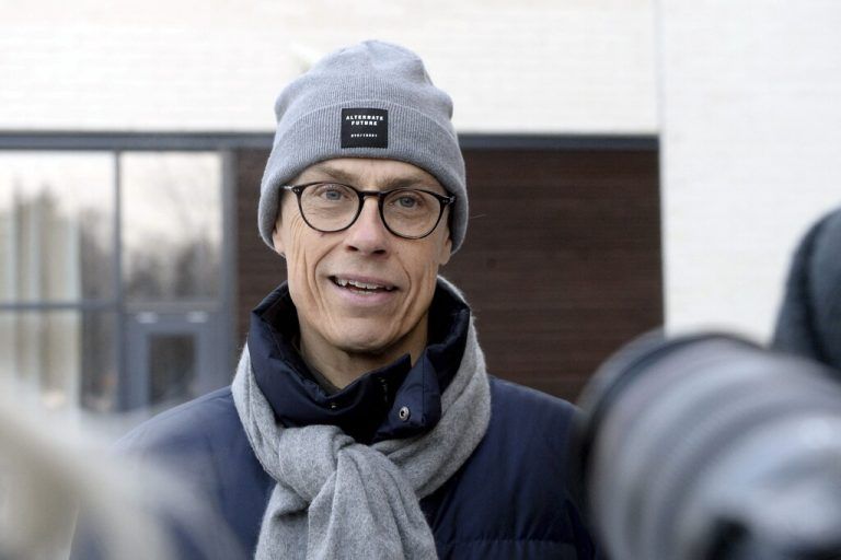 National Coalition Party (NCP) presidential candidate Alexander Stubb answers journalists questions after casting his vote in Espoo, on February 11, 2024. Stubb faces Green Party backed candidate for a nonpartisan constituency association Pekka Haavisto in the decisive second round run-off (Photo by Mikko Stig / Lehtikuva / AFP) / Finland OUT