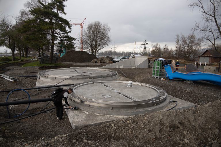 Besichtigung der Baustelle, Strandbad soll im Juni eröffnen, wird seit Herbst umgebaut.