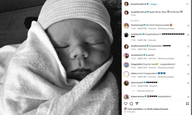 Es gibt wieder Familienzuwachs bei den Hiltons! Tessa Hilton, Frau von Paris Bruder Barron Hilton, ist zum dritten Mal Mama geworden. Das bestätigt die 30-Jährige via Instagram. Dort verrät sie auch gleich den Namen des Sprosses, der Kleine heißt Apollo Winter Hilton und kam bereits am 3. März zur Welt.