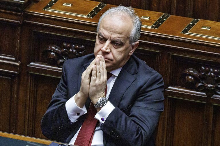Italy’s Interior Minister Matteo Piantedosi addresses the parliament in Rome, Thursday, Feb. 29, 2024. Italy’s interior minister acknowledged as a “defeat” the use of police batons against high school students demonstrating in the Tuscan city of Pisa last week but warned lawmakers Thursday of growing violent tendencies among pro-Palestinian demonstrators. (Roberto Monaldo/LaPresse via AP)