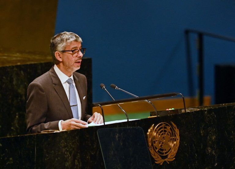 Permanent Representative of the Kingdom of Saudi Arabia to the United Nations, Abdulaziz bin Mohammed Al-Wasil, speaks during the 10th Emergency Special Session (resumed) 39th plenary meeting on the Israeli-Palestinian conflict at the United Nations headquarters in New York City on October 27, 2023. Thousands of civilians, both Palestinians and Israelis, have died since October 7, 2023, after Palestinian Hamas militants based in the Gaza Strip entered southern Israel in an unprecedented attack triggering a war declared by Israel on Hamas with retaliatory bombings on Gaza. (Photo by Andrea RENAULT / AFP)