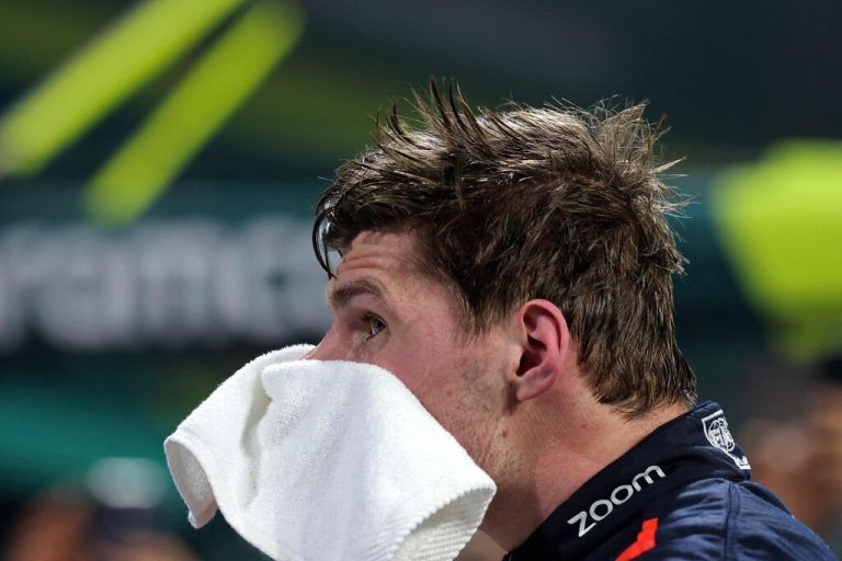 Red Bull Racing's Dutch driver Max Verstappen waits for the podium ceremony after winning the Saudi Arabian Formula One Grand Prix at the Jeddah Corniche Circuit in Jeddah on March 9, 2024. (Photo by JOSEPH EID / AFP)