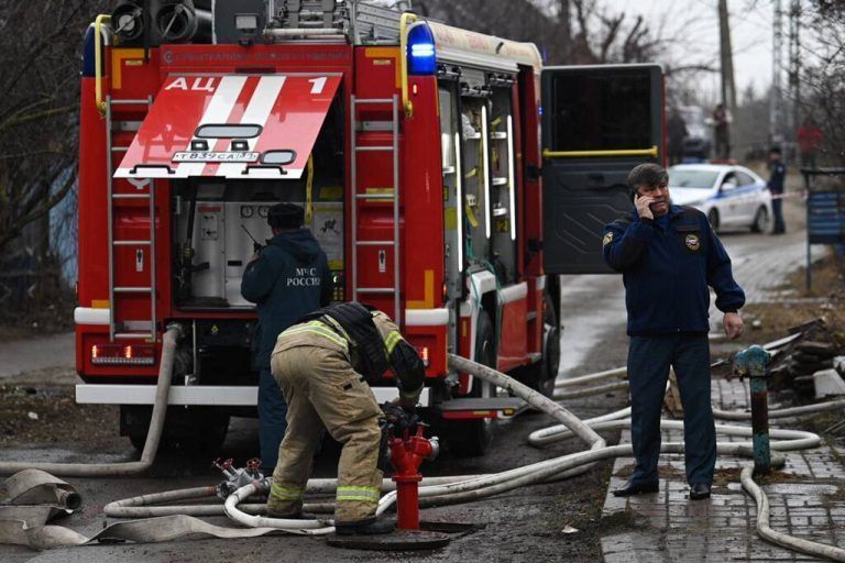RUSSIA, BELGOROD - MARCH 17, 2024: Firefighters are seen at the site of a military strike. Belgorod Region Governor Press Office/TASS PUBLICATIONxINxGERxAUTxONLY 68281847
