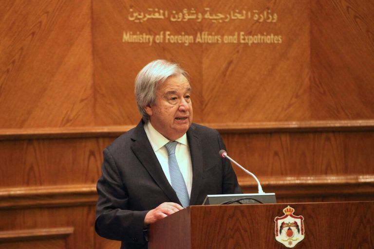 United Nations Secretary-General Antonio Guterres speaks to the press after a meeting with Jordan's Foreign Minister at the Foreign Ministry in Amman, on March 25, 2024. (Photo by Mohammad HANNON / AFP)