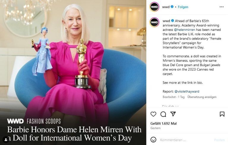 Zum 65. Geburtstag von Barbie und dem Internationalen Frauentag, die beide diese Woche stattfinden, ehrt Mattel berühmte weibliche Vorbilder aus aller Welt mit eigenen Puppen. Der US-Spielwarenhersteller hat unter anderem die britische Schauspielerin Helen Mirren (78), die australische Sängerin Kylie Minogue (55) sowie die kanadische Sängerin Shania Twain (58) zu Barbie-Puppen verwandelt.