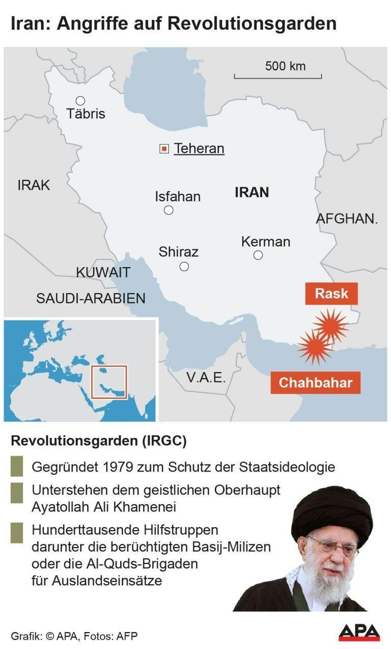 Karte Iran, Factbox Revolutionsgarden; Die Auslieferung der APA-Grafiken als Embed-Code ist ausschlie§lich Kunden mit einer gltigen Vereinbarung fr Grafik-Pauschalierung vorbehalten. Dabei inkludiert sind automatisierte Schrift- und Farbanpassungen an die jeweilige CI. Fr weitere Informationen wenden Sie sich bitte an unser Grafik-Team unter grafik@apa.at. GRAFIK 0449-24, 88 x 146 mm