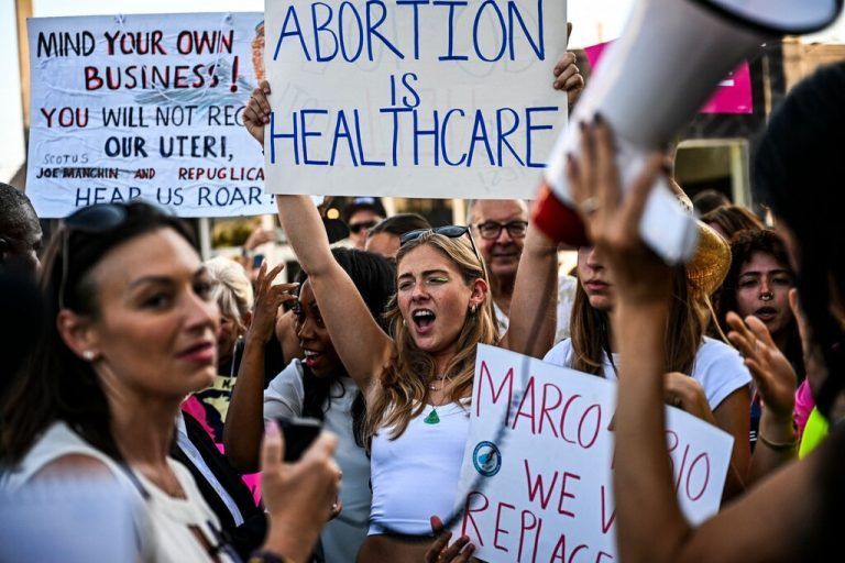 (FILES) Pro-abortion rights activists rally after the US Supreme Court struck down the right to abortion, in Miami, Florida, on June 24, 2022. The Florida Supreme Court agreed on April 1, 2024 to allow an abortion rights amendment to be on the ballot in the state in November, in the latest legal tussle over an issue Democrats are championing in an election year. (Photo by CHANDAN KHANNA / AFP)