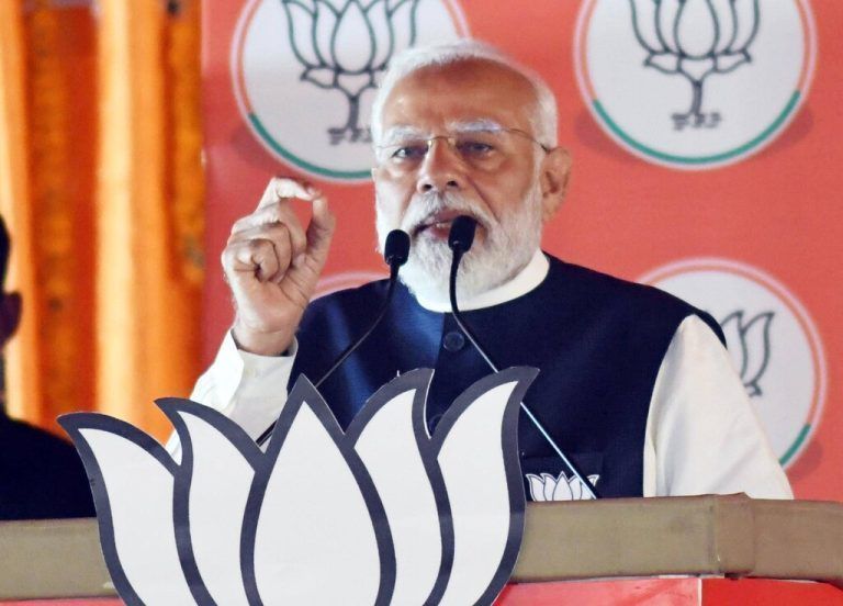 GAYA, INDIA - APRIL 16: Prime Minister Narendra Modi addresses a public meeting ahead of Lok Sabha elections on April 16, 2024 in Gaya, India. Photo by Santosh Kumar/Hindustan Times PM Narendra Modi Addresses Public Rally In Gaya PUBLICATIONxNOTxINxIND