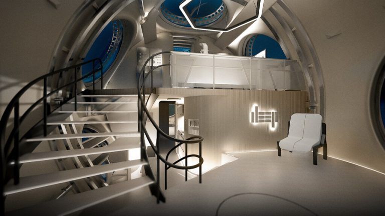 Image shows an artist's impression of The Great Hall within a typical configuration of DEEP's Sentinel System. The space is flexible and configurable for different mission types, affording personal, collaborative and specialist task spaces.