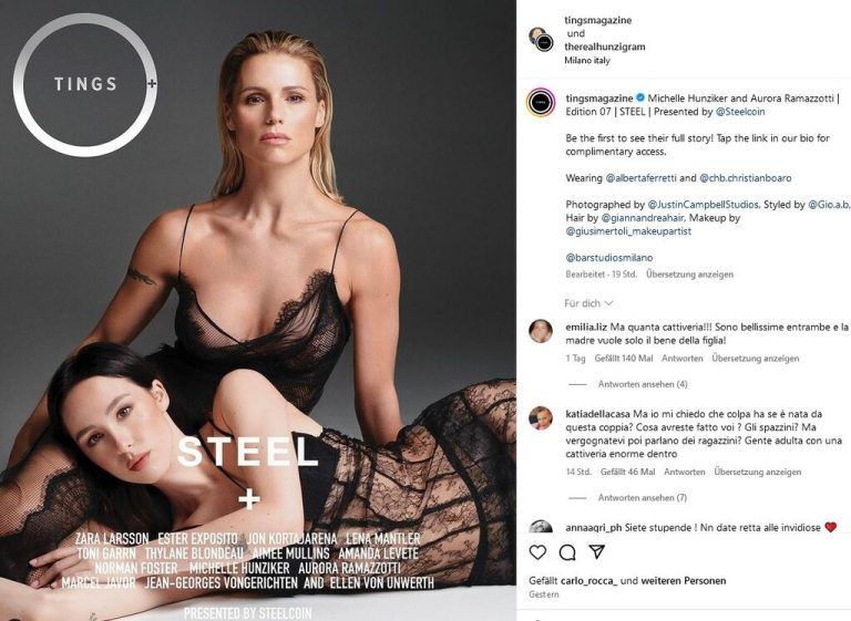 Nach Leni und Heidi Klum macht ein weiteres Mutter-Tochter-Paar die Modebranche unsicher. Auch Michelle Hunziker und Tochter Aurora Ramazzotti wagen den Schritt vor die Kamera. In schwarzer Spitzenunterwäsche posieren sie für das aktuelle Cover des Tings-Magazines. Lässig blicken die beiden in die Kamera.