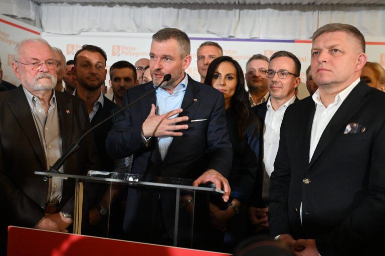 Presidential candidate Peter Pellegrini, center, speaking on the election results during the second round of the presidential elections in Bratislava, Slovakia, on April 6, 2024. On the right side is seen Slovak Prime Minister Robert Fico. CTKxPhoto/VaclavxSalek CTKPhotoP2024040700172 PUBLICATIONxNOTxINxCZExSVK CTKPhotoP2024040700172