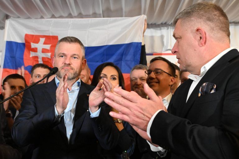 Presidential candidate Peter Pellegrini, left, reacts on the election results during the second round of the presidential elections in Bratislava, Slovakia, on April 6, 2024. On the right side is seen Slovak Prime Minister Robert Fico. CTKxPhoto/VaclavxSalek CTKPhotoP2024040700224 PUBLICATIONxNOTxINxCZExSVK CTKPhotoP2024040700224