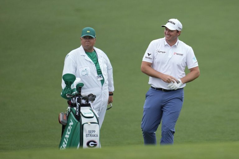 Sepp Straka, of Austria, reacts on the second hole during a practice round in preparation for the Masters golf tournament at Augusta National Golf Club Tuesday, April 9, 2024, in Augusta, Ga. (AP Photo/Ashley Landis)