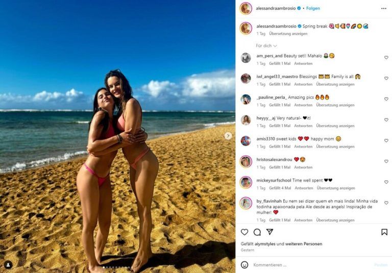 „Spring break“: Model Alessandra Ambrosio und Tochter Anja posieren für ihre Fans mit farblich abgestimmten Bikinis am Strand. Die attraktive Brasilianerin urlaubt aktuell auf Hawaii.