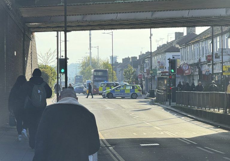 The area in London where police say a man wielding a sword attacked members of the public and two police officers on Tuesday, April 30, 2024 in the east London community of Hainault before being arrested. The incident is not being treated as terror-related. (Peter Kingdom via AP) MANDATORY CREDIT