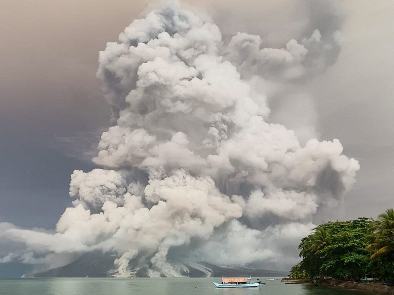 TOPSHOT - An eruption from Mount Ruang volcano is seen from Tagulandang island in Sitaro, North Sulawesi, on April 30, 2024. (Photo by AFP)