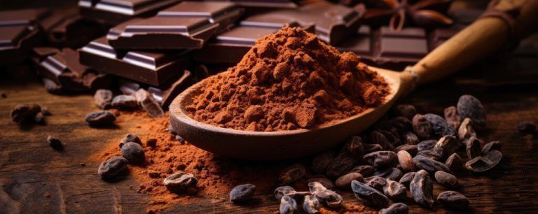 Cocoa powder and beans, chocolate tables in wide banner shape.