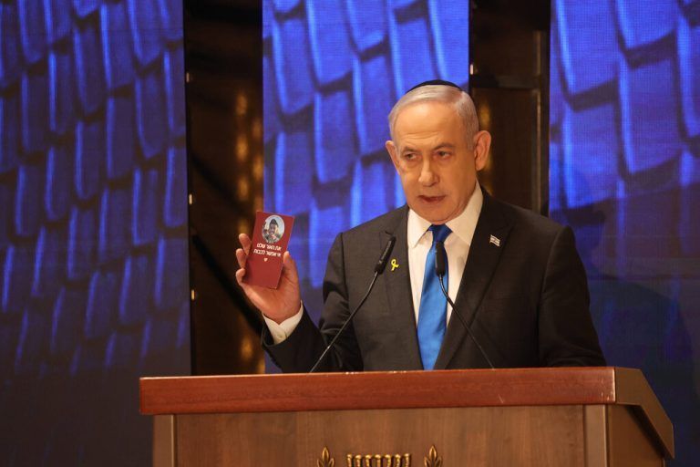 Israeli Prime Minister Benjamin Netanyahu attends a ceremony marking Memorial Day for fallen soldiers of Israel s wars and victims of attacks at Jerusalem s Mount Herzl military cemetery on May 13, 2024. Israel marks Memorial Day to commemorate fallen soldiers and victims of attacks recorded since 1860 by the defence ministry, just before the celebrations of the 75th anniversary of its creation according to the Jewish calendar. Pool photo by Gil Cohen-Magen/ PUBLICATIONxINxGERxSUIxAUTxHUNxONLY JER20240513901 GILxCOHEN-MAGEN