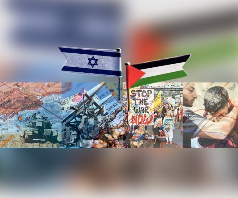 Jarusalem, Israel - 2023 October 14: Israel and Palestine flags on geopolitical Map. Gaza strip and West Bank. War conflict
