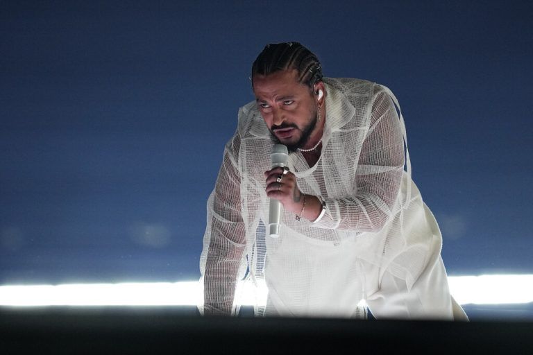 Slimane of France performing the song Mon amour during the dress rehearsal for the final at the Eurovision Song Contest in Malmo, Sweden, Friday, May 10, 2024. (AP Photo/Martin Meissner)