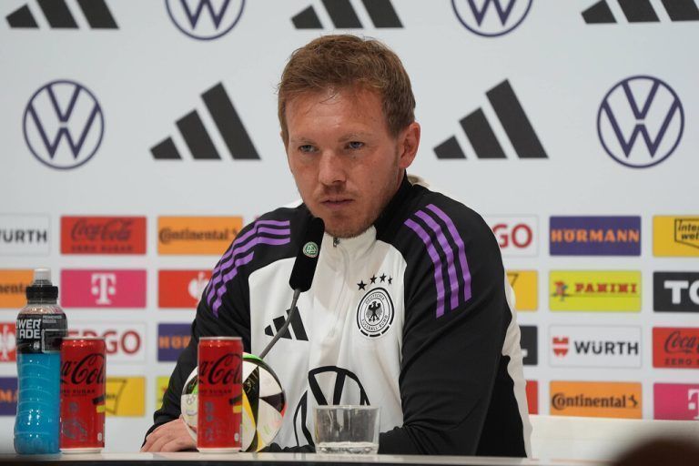 Bundestrainer Julian Nagelsmann Deutschland Germany bei der Pressekonferenz - Herzo Base 02.06.2024: Pressekonferenz Deutschland, Home Ground. World of Adidas, Herzogenaurach *** National coach Julian Nagelsmann Germany Germany at the press conference Herzo Base 02 06 2024 Press conference Germany, Home Ground World of Adidas, Herzogenaurach