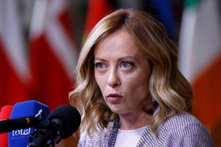 Italy's Prime Minister Giorgia Meloni speaks to the press at the end of the European Council Summit at the EU headquarters in Brussels on June 28, 2024. Macron denounced in Brussels on June 28, 2024, early morning, the “arrogance” of the RN party, which according to him already discusses future shares of government positions. (Photo by Ludovic MARIN / AFP)