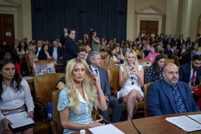 Paris Hilton, Lived-Experience Advocate and CEO, 11:11 Media, takes her seat at the witness table as she appears before a House Committee on Ways and Means hearing Strengthening Child Welfare and Protecting Americas Children in the Longworth House Office Building in Washington, DC, Wednesday, June 26, 2024. Copyright: xRodxLamkeyx/xCNPx/MediaPunchx