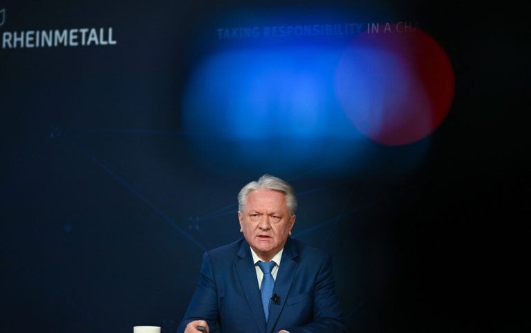 Armin Papperger, CEO of German weapons producer and automotive supplier Rheinmetall, addresses a virtual press conference to present annual results at the company's headquarters in Duesseldorf, western Germany, on March 14, 2024. (Photo by Ina FASSBENDER / AFP)