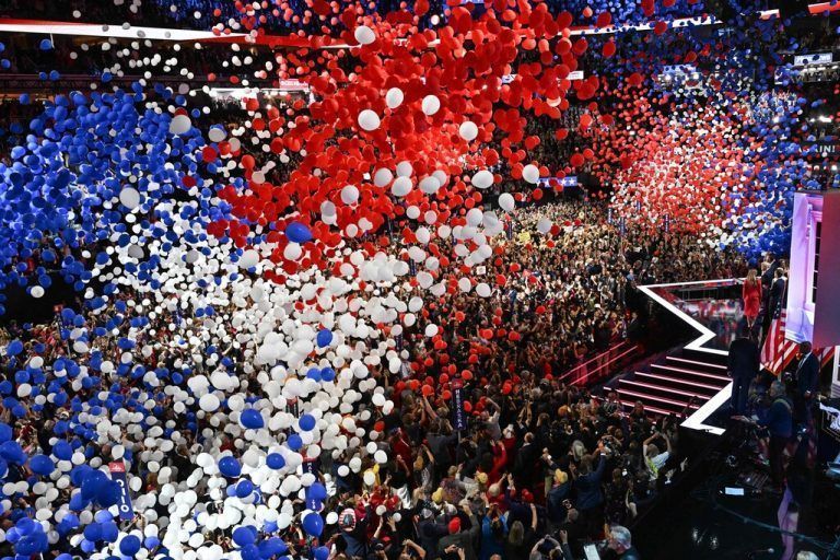 Balloons fall after former US President and 2024 Republican presidential candidate Donald Trump accepted his party's nomination on the last day of the 2024 Republican National Convention at the Fiserv Forum in Milwaukee, Wisconsin, on July 18, 2024. Days after he survived an assassination attempt Trump won formal nomination as the Republican presidential candidate and picked Ohio US Senator J.D. Vance for running mate. (Photo by Pedro UGARTE / AFP)