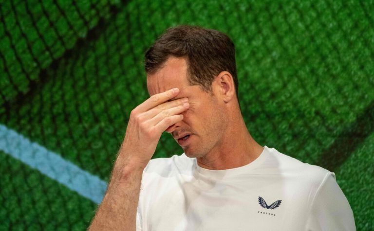 Britain's Andy Murray attends a Press Conference in the Media Theatre in the Broadcast Centre, after losing his men's first round doubles tennis match, on the fourth day of the 2024 Wimbledon Championships, at The All England Lawn Tennis and Croquet Club in Wimbledon, southwest London, on July 4, 2024. (Photo by Joe TOTH / various sources / AFP) / RESTRICTED TO EDITORIAL USE