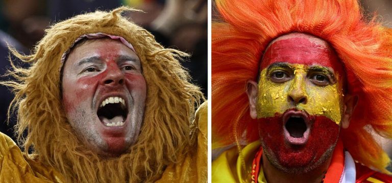 (COMBO) This combination of pictures created on July 12, 2024 shows an England supporter (L) dressed as a lion during the UEFA Euro 2024 semi-final football match between the Netherlands and England at the BVB Stadion in Dortmund on July 10, 2024 and a Spain supporter (R) before the start of the UEFA Euro 2024 quarter-final football match between Spain and Germany at the Stuttgart Arena in Stuttgart on July 5, 2024. (Photo by Tobias SCHWARZ and Kenzo TRIBOUILLARD / AFP)