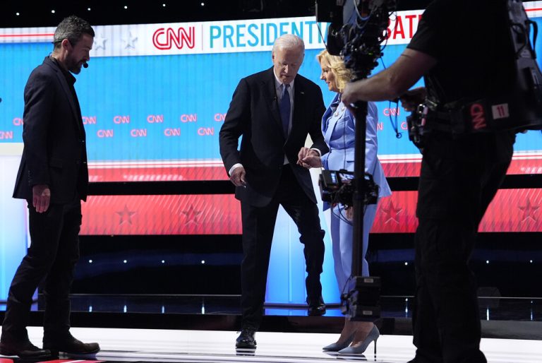 FILE - President Joe Biden, from second left, and first lady Jill Biden, walk off stage at the endof a presidential debate with Republican presidential candidate former President Donald Trump June 27, 2024, in Atlanta. (AP Photo/Gerald Herbert, File)