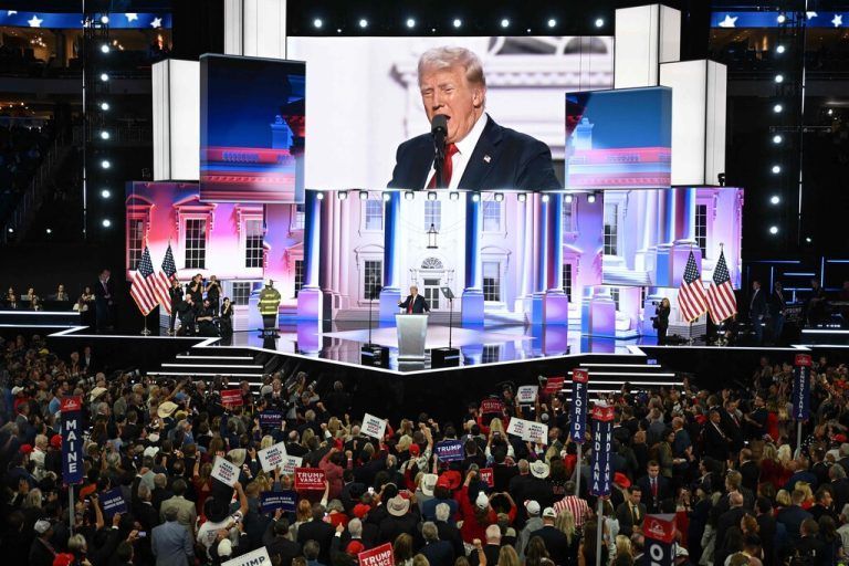 Former US President and 2024 Republican presidential candidate Donald Trump accepts his party's nomination on the last day of the 2024 Republican National Convention at the Fiserv Forum in Milwaukee, Wisconsin, on July 18, 2024. Days after he survived an assassination attempt Trump won formal nomination as the Republican presidential candidate and picked Ohio US Senator J.D. Vance for running mate. (Photo by ANDREW CABALLERO-REYNOLDS / AFP)
