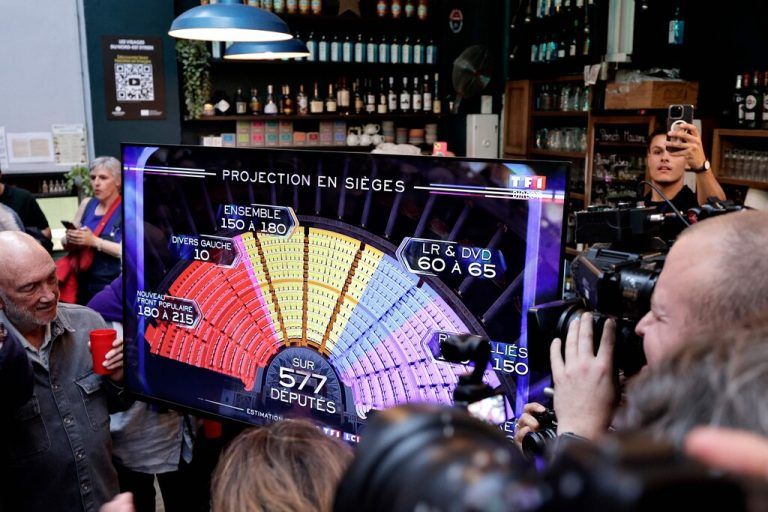 Supporters of the French left-wing Socialist Party (PS) watch a screen displaying the first results of the second round of France's legislative election during the party's election night event in Paris on July 7, 2024. (Photo by STEPHANE DE SAKUTIN / AFP)