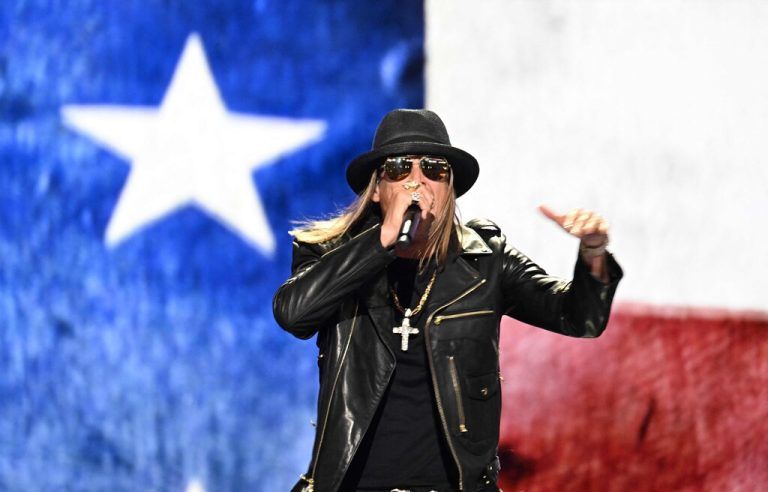 TOPSHOT - US singer Kid Rock performs on the last day of the 2024 Republican National Convention at the Fiserv Forum in Milwaukee, Wisconsin, on July 18, 2024. Donald Trump will get a hero's welcome Thursday as he accepts the Republican Party's nomination to run for US president in a speech capping a convention dominated by the recent attempt on his life. (Photo by Jim WATSON / AFP)