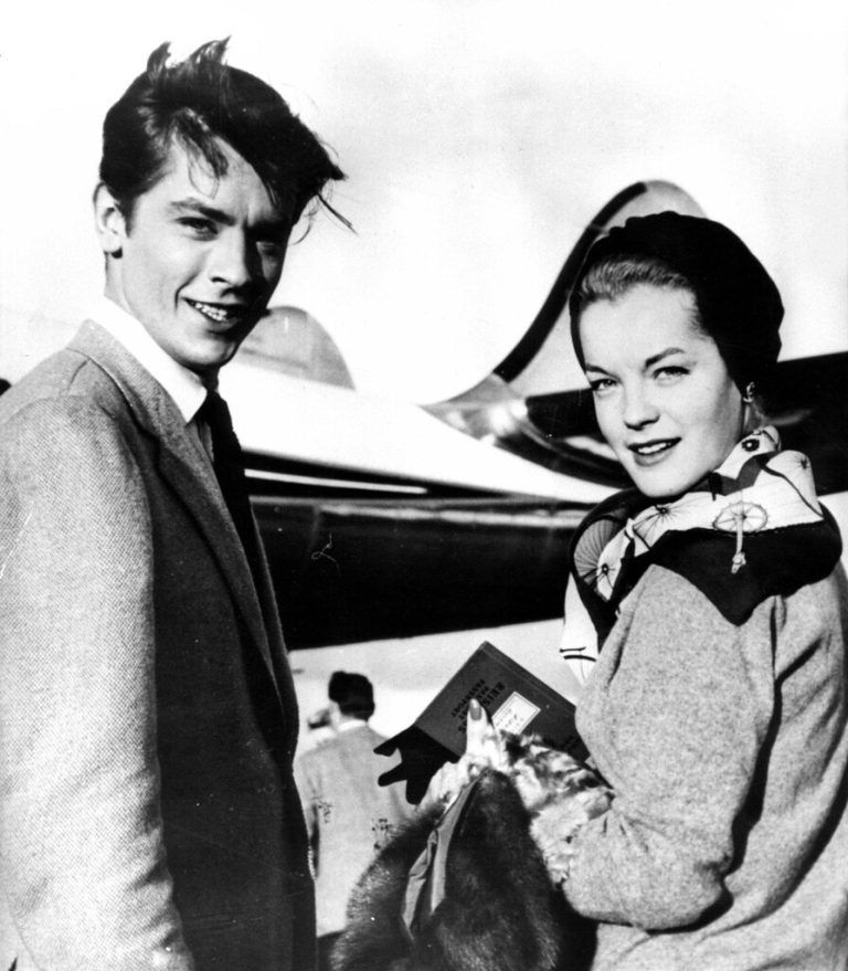 Mar 18, 1959 - Paris, FRANCE - It was during the filming of Christine that ROMY SCHNEIDER fell in love with French actor ALAIN DELON, who co-starred in the movie. She abruptly left Germany to join him in Paris, creating a national scandal. SCHNEIDER became engaged to DELON in 1959. It was to be a pivotal point in both her personal and professional life. The magnetic ALAIN DELON left was among the most prominent French actors of the postwar era an exotically handsome performer, he sprung from offscreen rumor and scandal to emerge as a uniquely enigmatic and sinister talent. Pictured on Paris - Orly airport. Paris FRANCE PUBLICATIONxINxGERxONLY - ZUMAk09